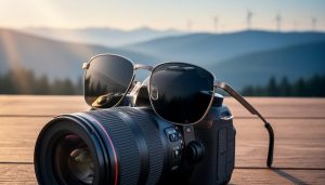 Photochromic eyeglasses partially darkened by sunlight resting on a DSLR camera outdoors, with a blurred backdrop of mountains, trees, and distant wind turbines.