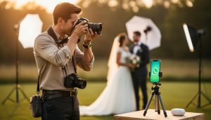 Wedding photographer shooting at golden hour with a smartphone on a small tripod glowing with a call icon beside them, blurred couple and light stands in the background, conveying automation handling client inquiries.