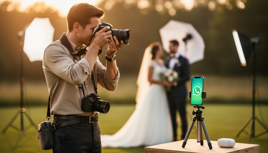 Wedding photographer shooting at golden hour with a smartphone on a small tripod glowing with a call icon beside them, blurred couple and light stands in the background, conveying automation handling client inquiries.