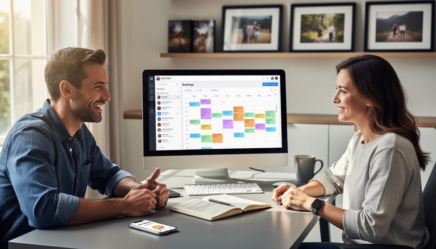 Wedding photographer showing happy couple their photos in garden setting