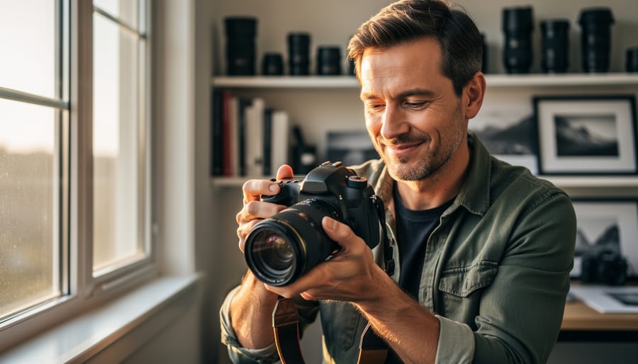 Close-up of photographer's hands holding professional mirrorless camera