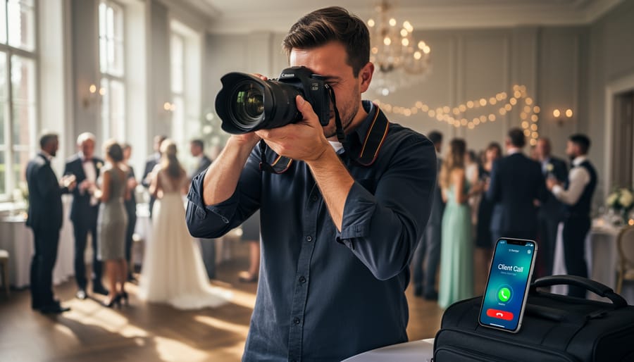 Professional photographer working at wedding while missing incoming phone call