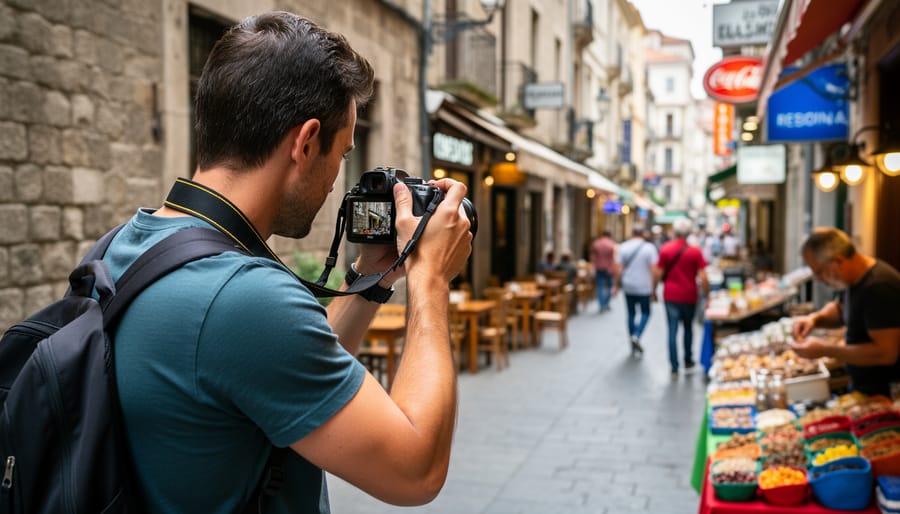 Photographer holding camera with prime lens while walking through European street