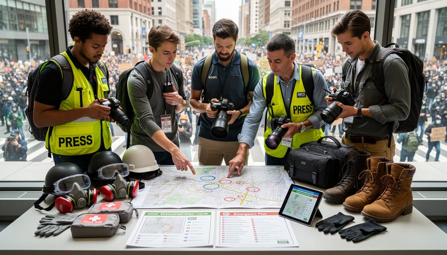 Photographer in protective gear preparing safety equipment before protest coverage