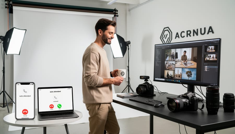 Professional photographer confidently managing business communications in studio