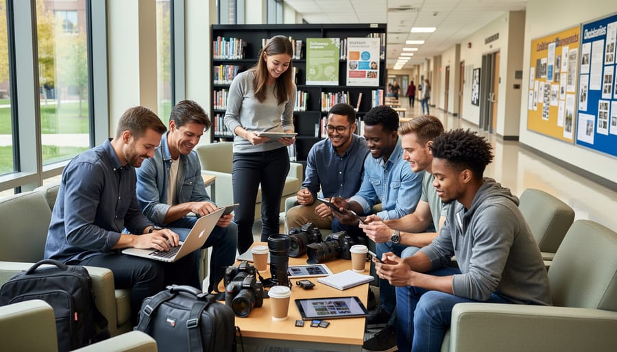 Three university photographers collaborating and reviewing photos together on campus