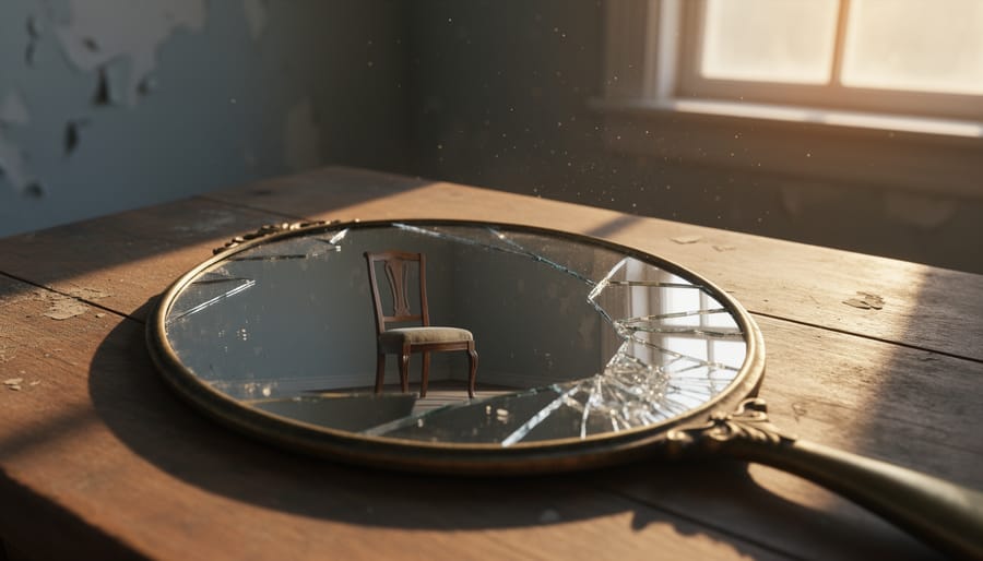 Close-up of a cracked handheld mirror on a worn wooden table reflecting an empty vintage chair in warm golden hour side light, with softly blurred peeling-paint walls and a sunlit window in the background.