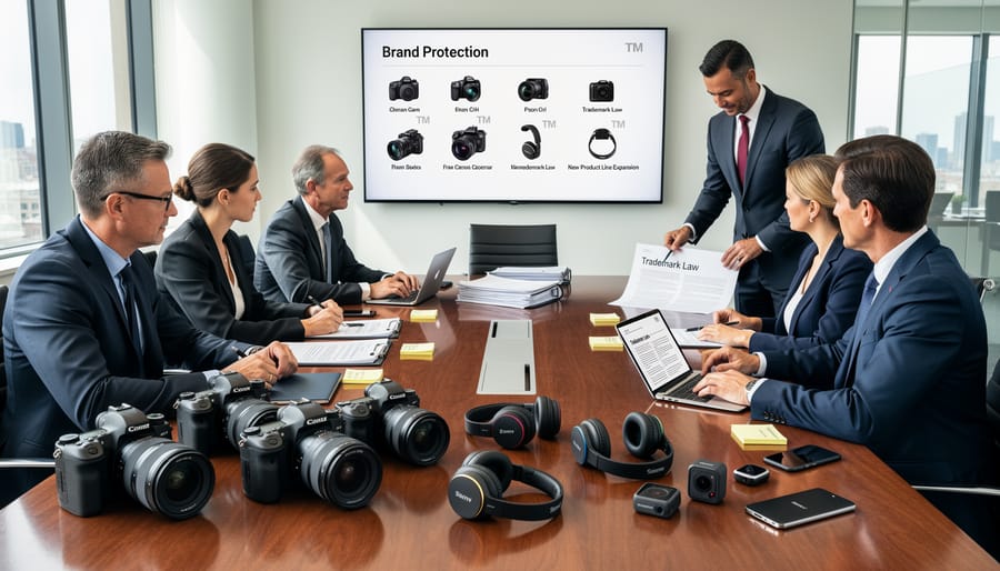 Multiple professional cameras and lenses from various photography brands arranged on desk