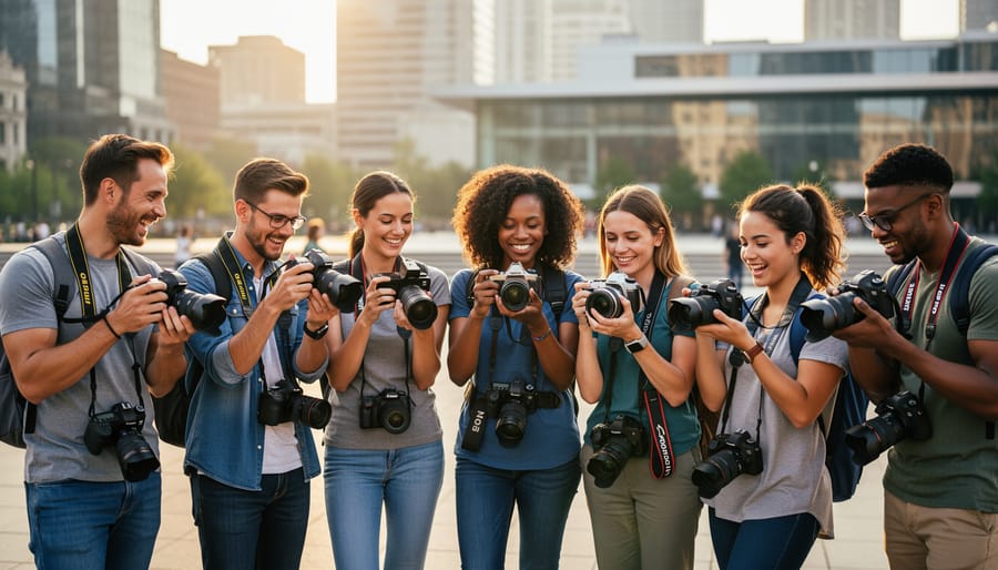 Group of photographers sharing and reviewing work together in community setting