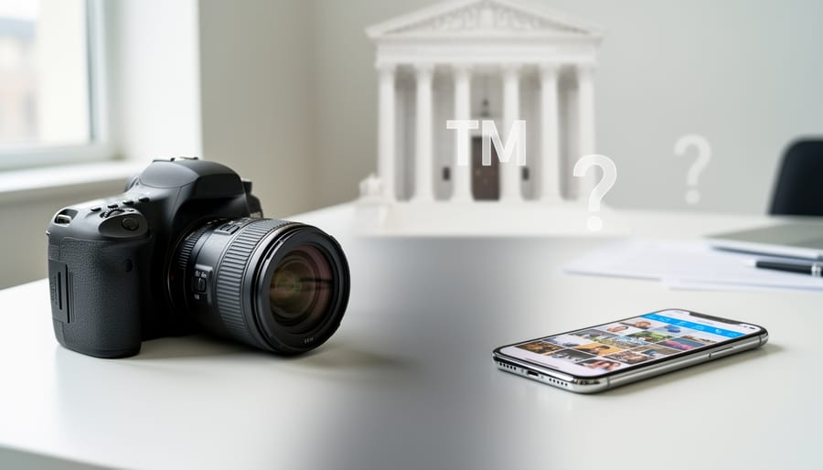 Photographer's hands holding smartphone beside professional camera on desk