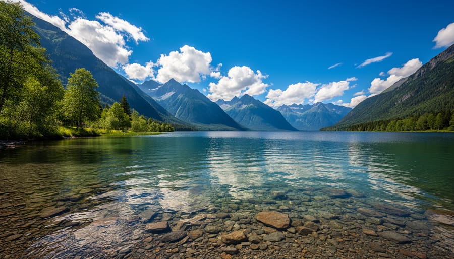 Photographer holding circular polarizing filter with enhanced landscape colors visible through the glass