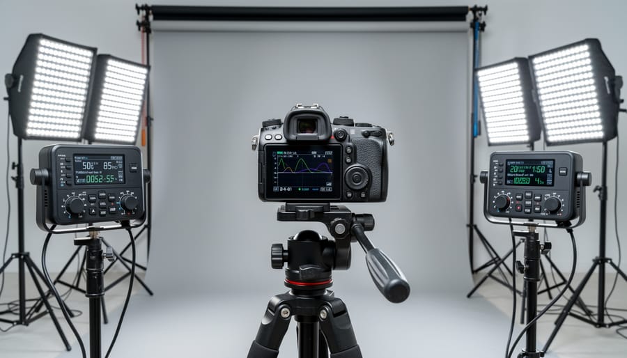 Professional camera setup with LED lighting in studio environment