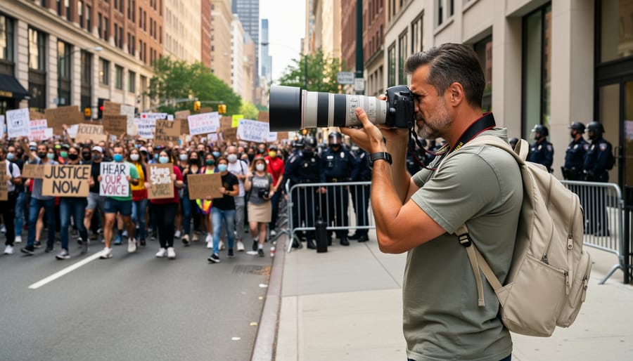 Photographer holding professional camera with telephoto lens at protest event