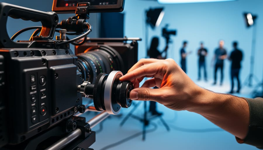 Close-up of a focus puller adjusting a wireless follow focus controller next to a cinema camera with a geared lens and motor, lit by warm rim light and cool fill, with blurred crew, light stands, and two actors at different distances in the background.