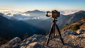 DSLR on a tripod atop rocky ground facing a mountain valley under bright sunlit clouds with deep shadowed terrain, photographed at eye level during golden hour with natural side lighting and deep focus.