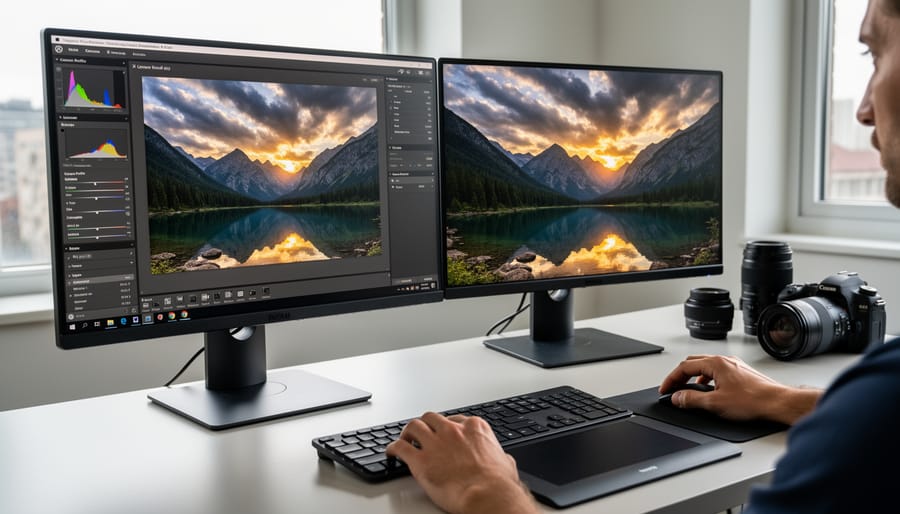 Computer monitor showing photo editing software with RAW file histogram and editing controls
