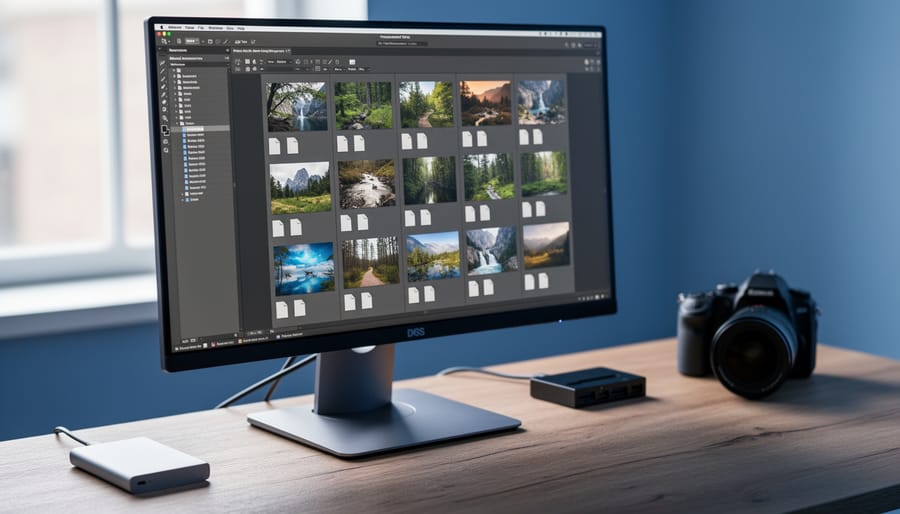 Monitor displays a grid of RAW photo thumbnails each accompanied by a blank document icon representing sidecar files, with a camera, memory card reader, and external SSD on the desk in soft natural light, photographed from a 45-degree overhead angle.