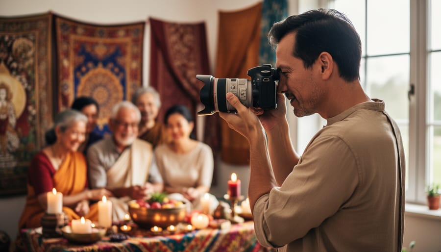 Photographer's hands holding professional camera while reviewing ceremonial photographs