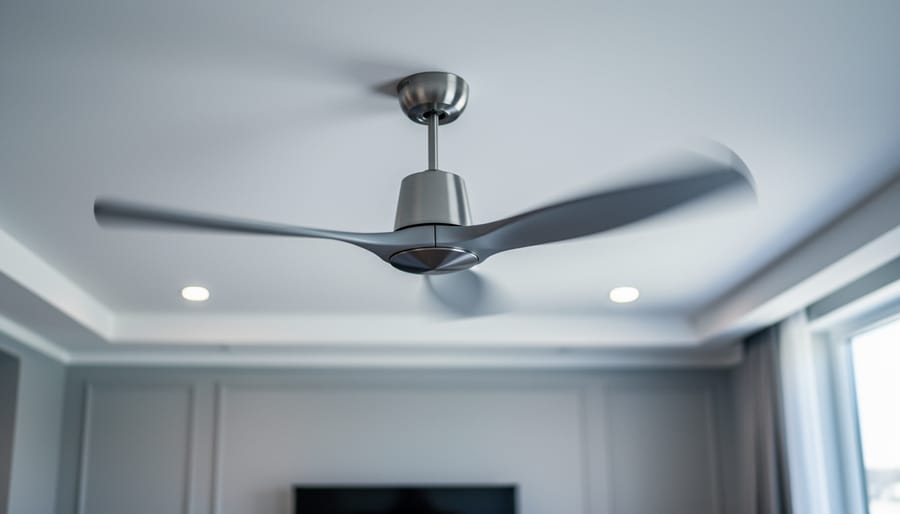 Eye-level close-up of a spinning ceiling fan with blades appearing bent and diagonal from rolling shutter, lit by soft window light, with a blurred modern ceiling and recessed lights in the background.