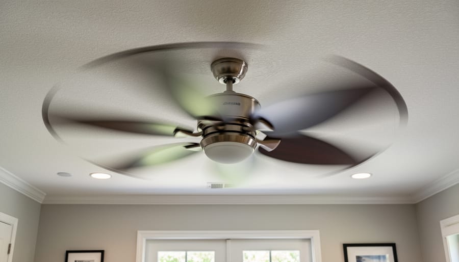 Ceiling fan blades showing rolling shutter distortion effect with curved appearance