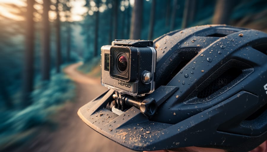 Close-up of a rugged action camera on a mountain bike helmet, wet with droplets and dusty, sharply focused against a blurred downhill forest trail at golden hour.