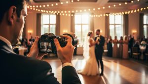 Second photographer holding a mirrorless camera with a telephoto lens at a warmly lit wedding reception, sharply focused hands and camera with the lead photographer, dancing couple, and guests softly blurred in the background.
