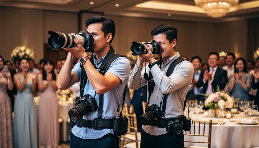 Two wedding photographers working together to capture ceremony from different angles