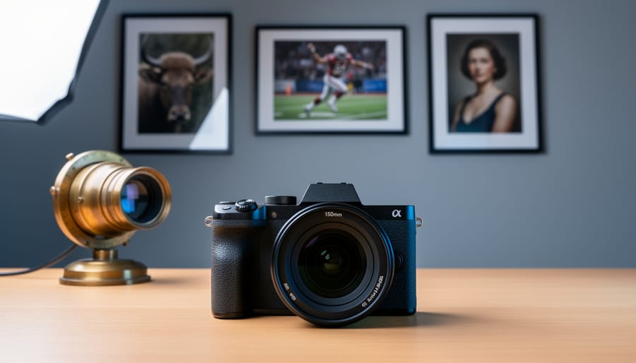 Eye-level close-up of a modern 150mm telephoto lens on a mirrorless camera under soft studio lighting, with a blurred vintage brass 6-inch lens and framed portrait, wildlife, and sports photos in the background.