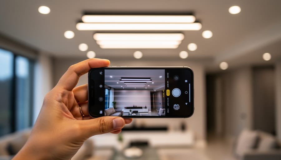Photographer holding smartphone to test LED ceiling light for flicker