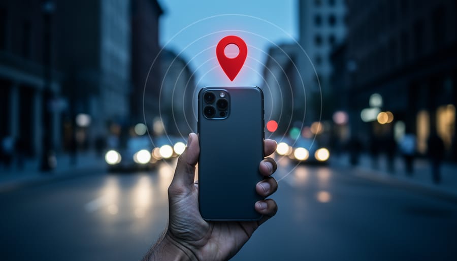 Hand holding a smartphone as a holographic red location pin and concentric rings glow from its camera, with a dusk city street blurred in the background.