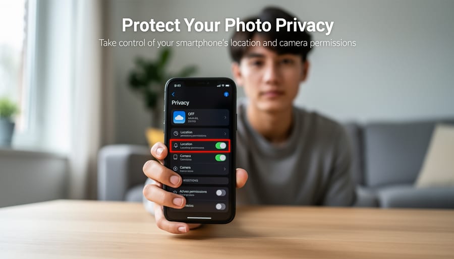 Hands adjusting smartphone privacy settings for camera and location access