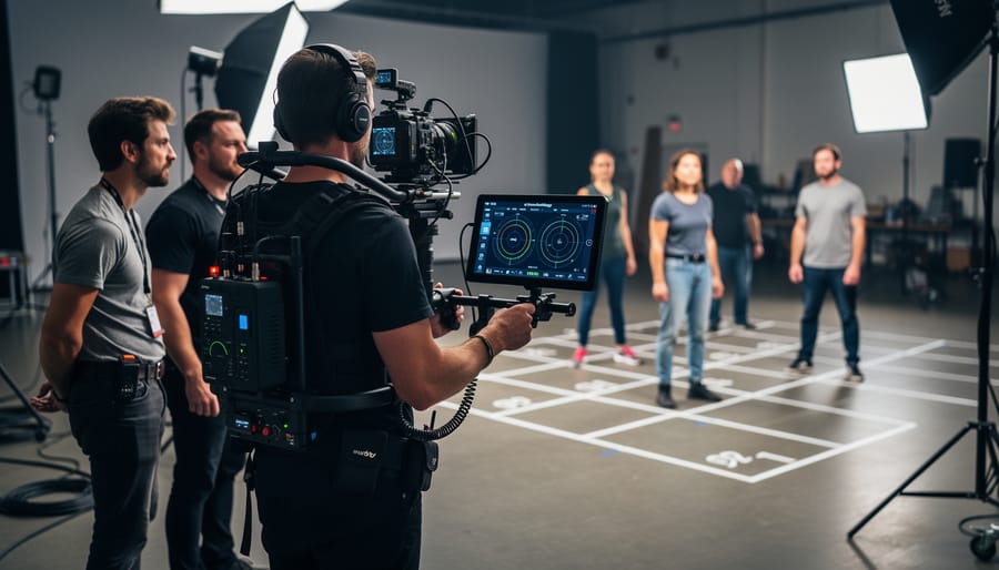 Focus puller operating wireless unit during complex Steadicam shot with multiple actors