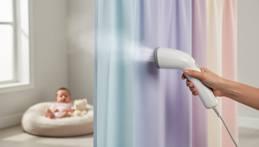 Person using fabric steamer to remove wrinkles from white muslin backdrop