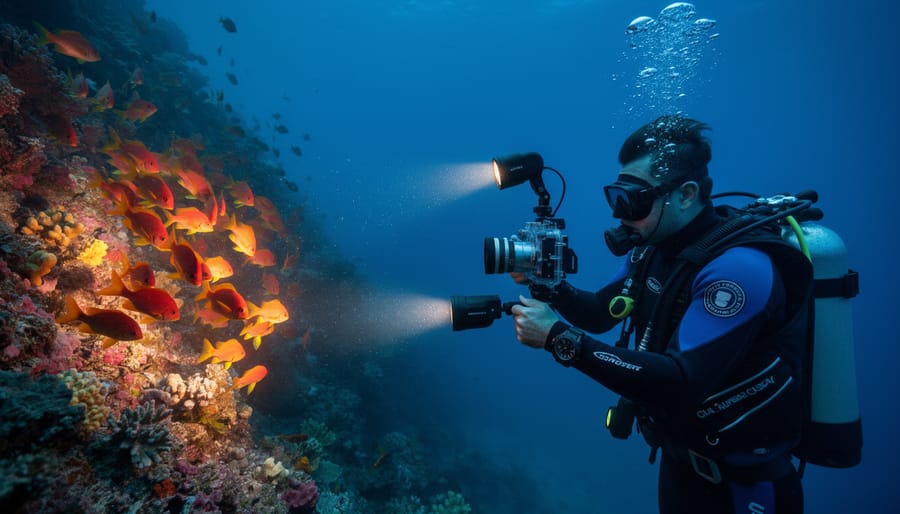 Underwater photographer using dual strobes to illuminate sea turtle with proper lighting angles
