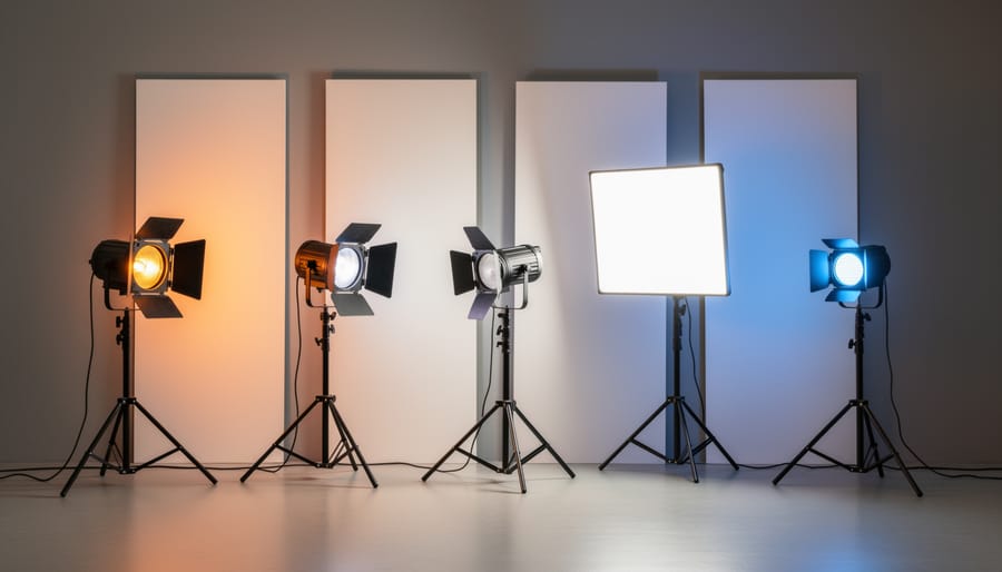 Studio lights producing different color temperatures on gray backdrop