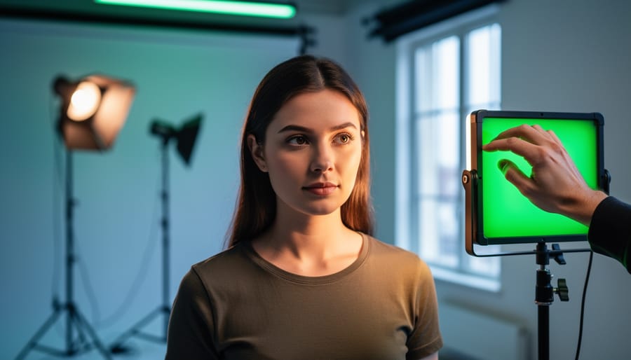 Portrait subject in a photo studio lit by warm tungsten and cool window daylight with a faint fluorescent tint, as a photographer’s hand places a green gel on an LED panel; softbox and light stands softly blurred in the background.
