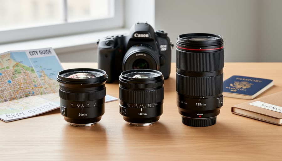 Three prime lenses of different focal lengths displayed side by side