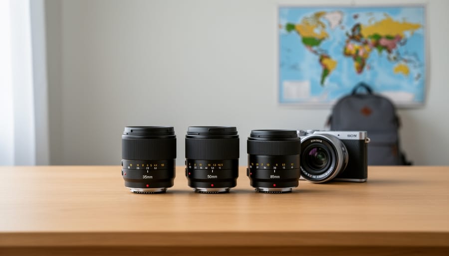 Three prime camera lenses arranged with travel items including map and passport