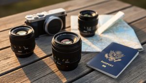 Three prime camera lenses (35mm, 50mm, 85mm) arranged next to a mirrorless camera, a folded unlabeled map, and a passport with text hidden on a rustic wooden table lit by warm side light, with shallow depth of field emphasizing the 50mm lens.