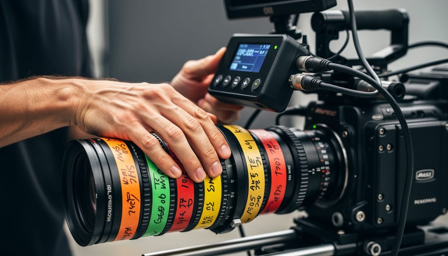 Cinema camera lens with traditional colored tape witness marks on focus ring