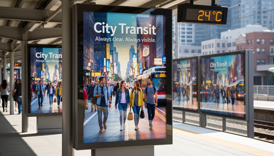 Well-preserved photographic print displayed in illuminated outdoor bus shelter