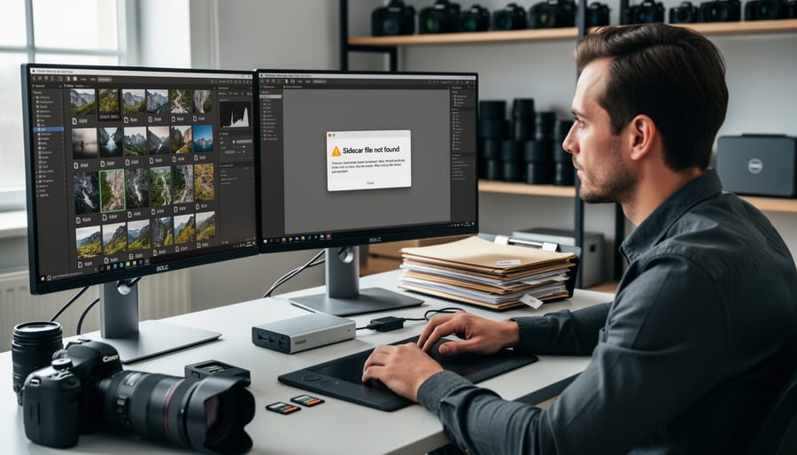 Photographer troubleshooting photo editing workflow at computer workstation