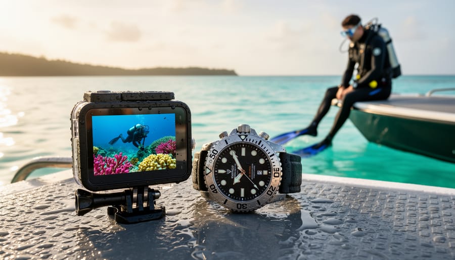 Scuba diver using action camera in protective housing underwater with coral reef background