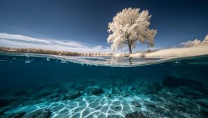 Split-level photo at the waterline showing a shoreline tree rendered in infrared-style white foliage above the surface, while below the surface clear blue-green shallows reveal rocks and sand, contrasting IR-like effects above with natural visible light underwater.