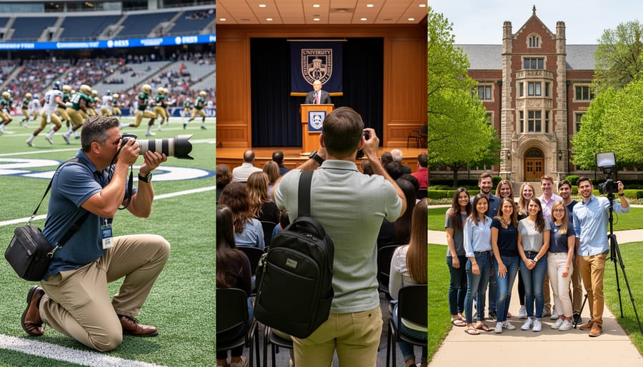 University photographer with professional camera photographing campus event with students in background