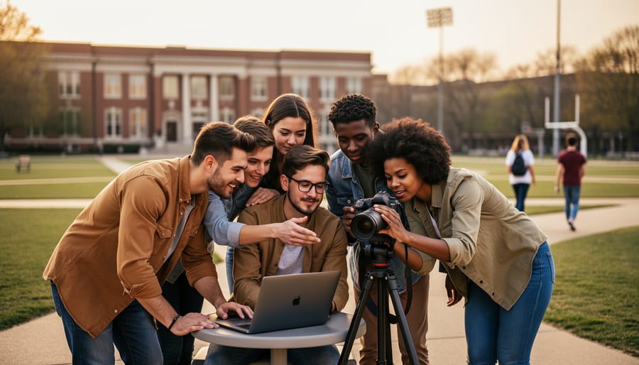 Group of diverse university photographers reviewing a camera and laptop on a campus quad at golden hour, with a blurred brick academic building, stadium lights, and passing students in the background.