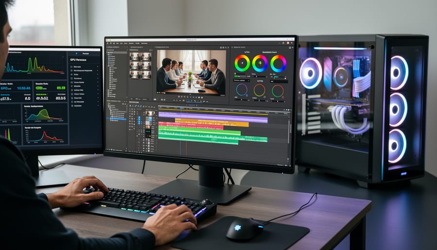Video editing workstation with dual monitors showing colorful editing timeline and footage