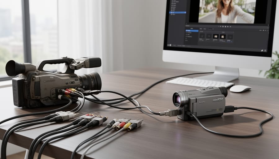 Overhead view of vintage video camera connected to laptop for digital transfer with cables and tapes