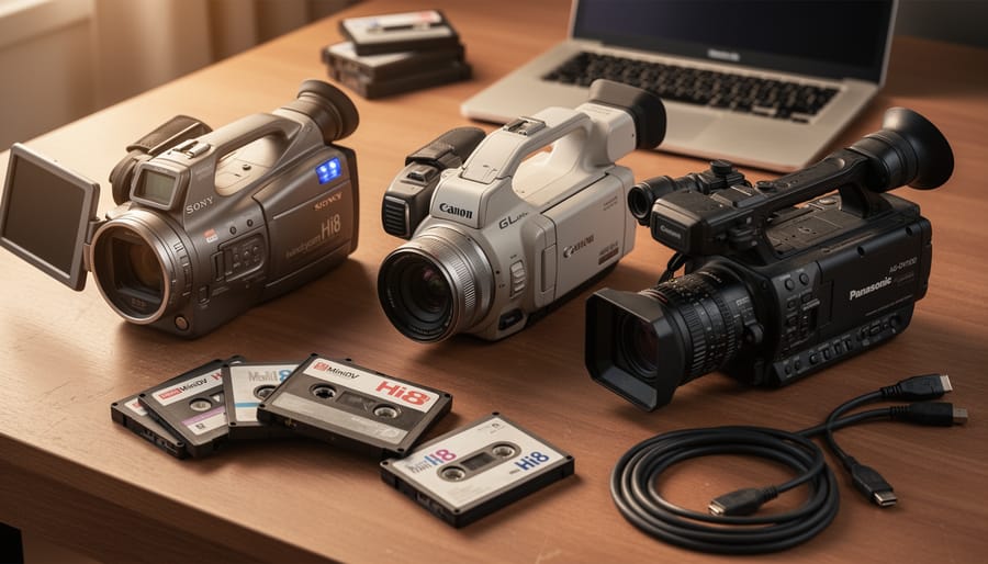 Three vintage camcorders—a Sony Handycam Hi8, Canon GL2, and Panasonic AG-DVX100—on a wooden desk beside MiniDV and Hi8 tapes and a FireWire cable, with a softly blurred laptop in warm side lighting.