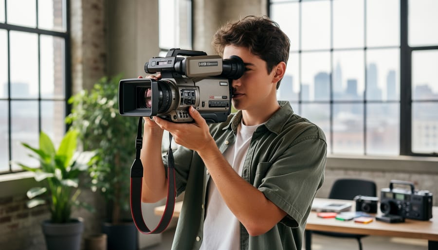 Content creator filming with vintage video camera on urban rooftop at sunset